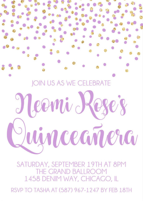 Lavender And Gold Confetti Quinceanera Invitations