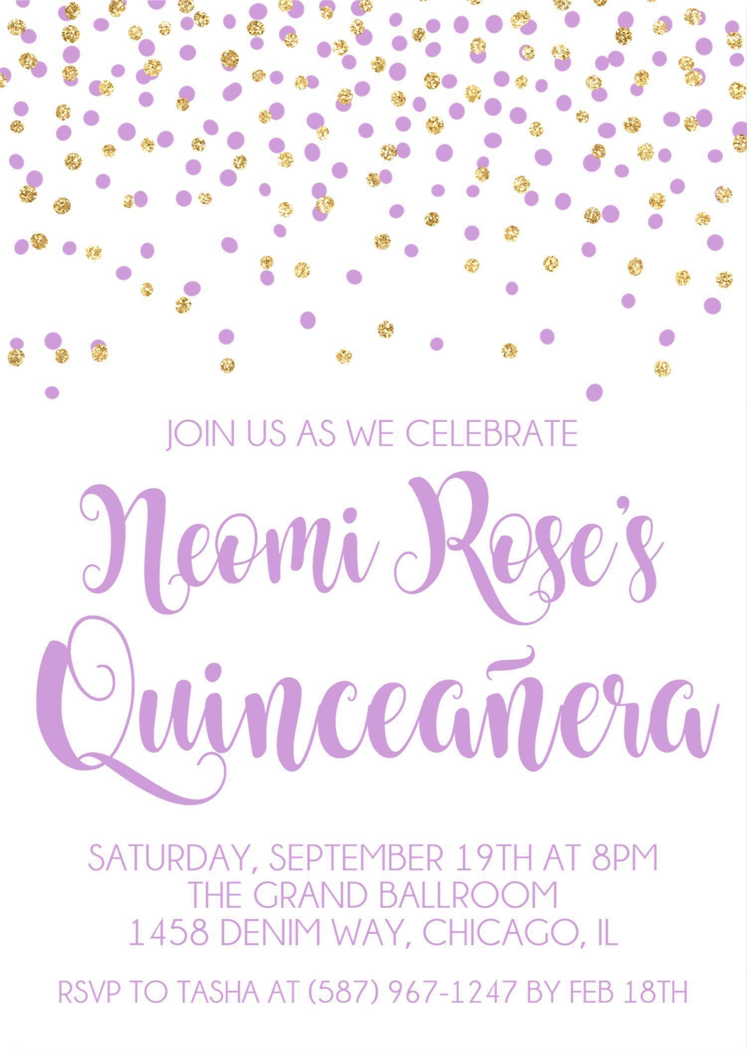 Lavender And Gold Confetti Quinceanera Invitations