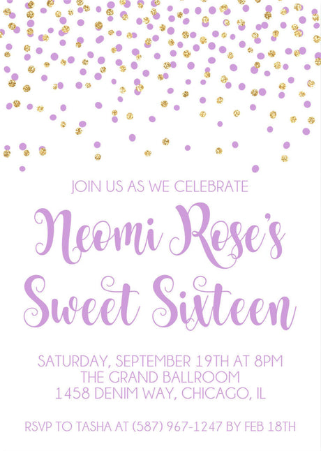 Lavender And Gold Confetti Sweet 16 Party Invitations