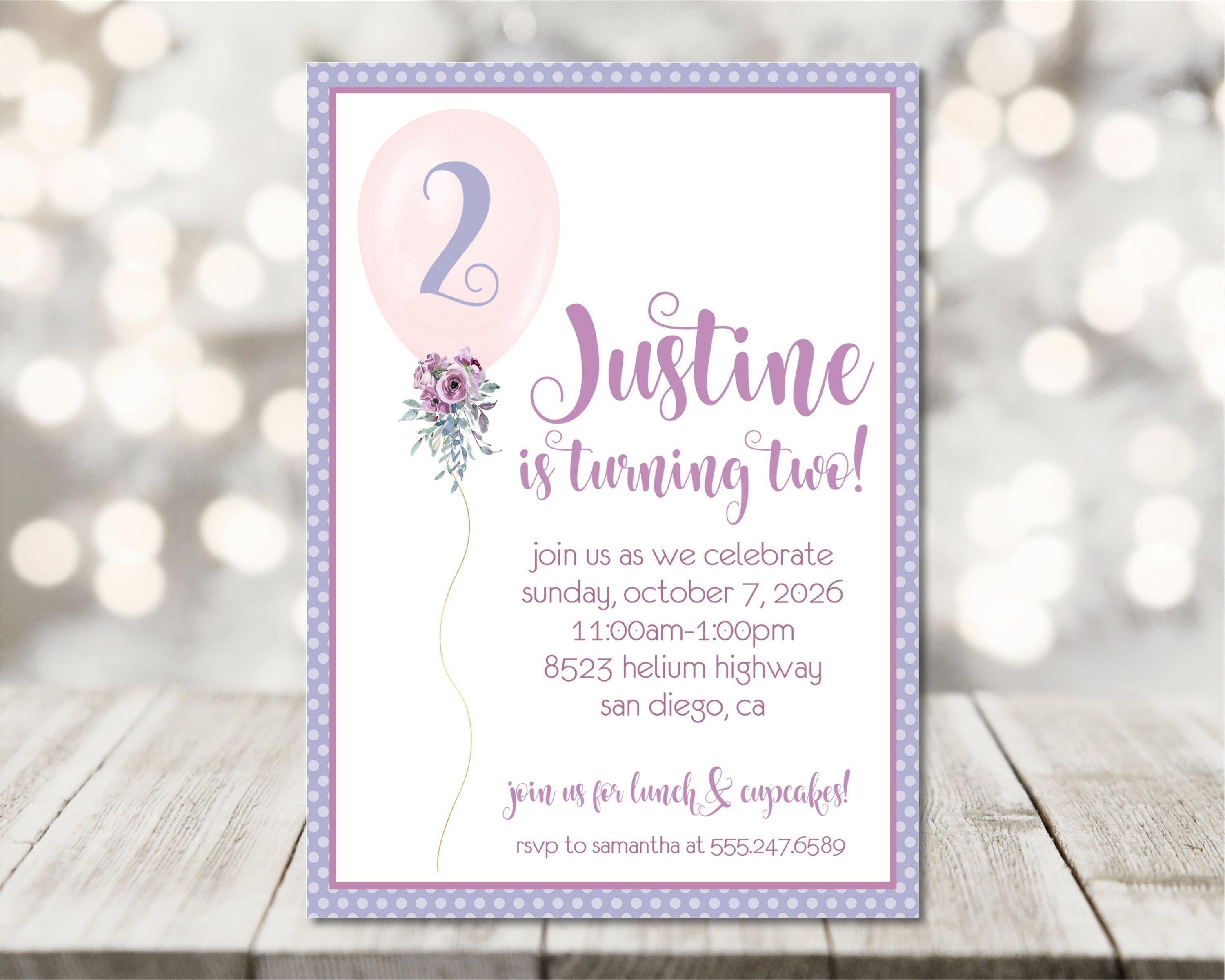 Lavender And Pink Balloon Birthday Party Invitations