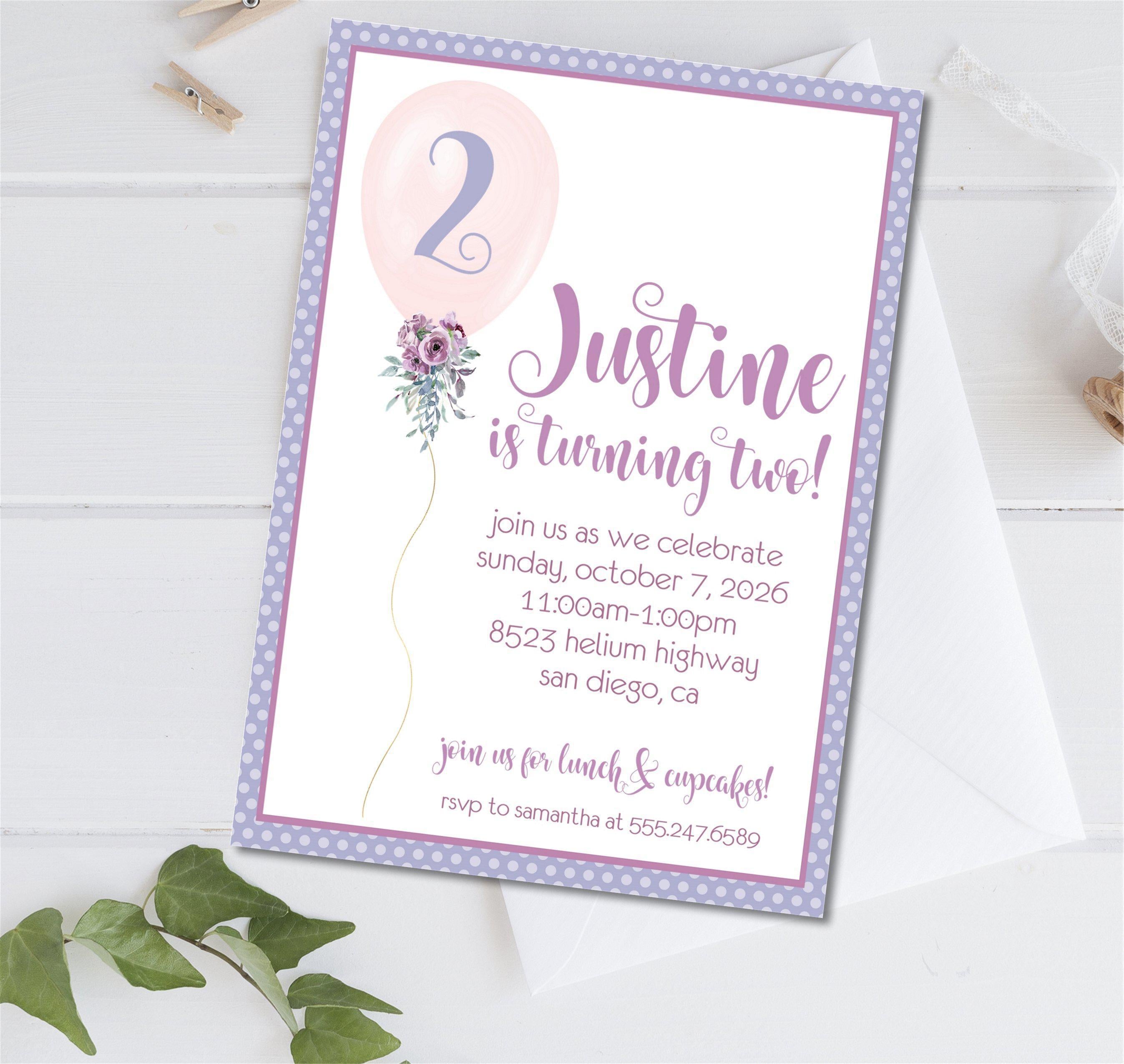 Lavender And Pink Balloon Birthday Party Invitations