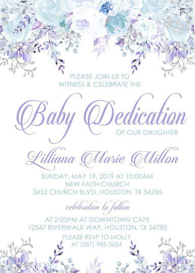 Lavender Floral Baby Dedication Invitations