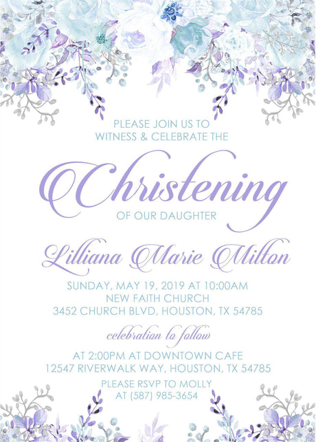 Lavender Floral Christening Invitations