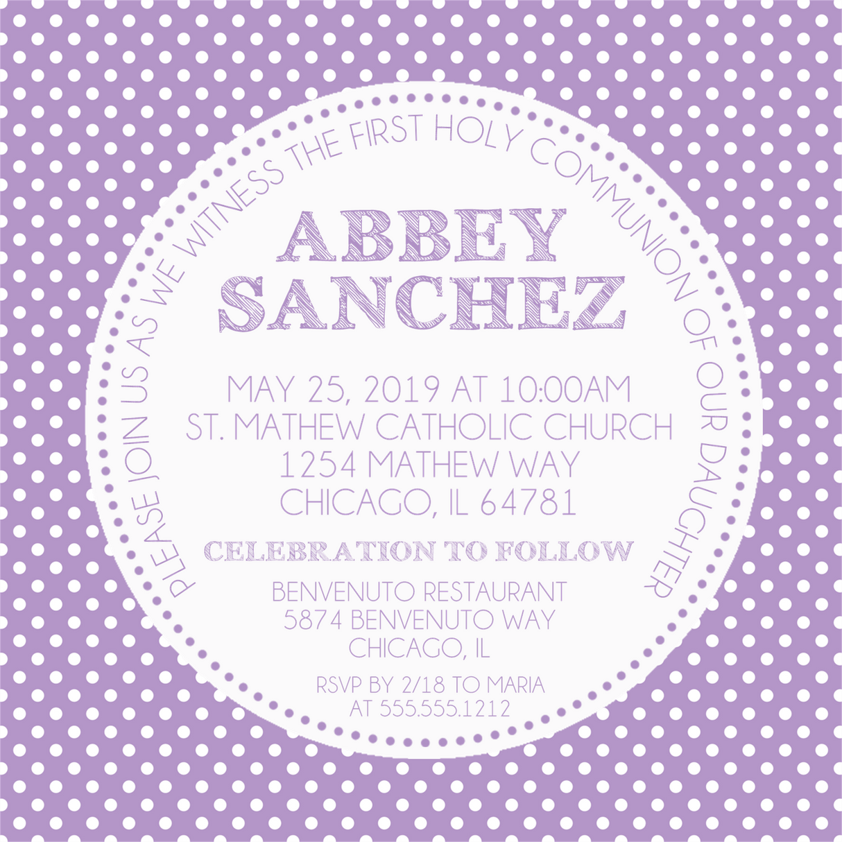 Lavender Polka Dot First Communion Invitations