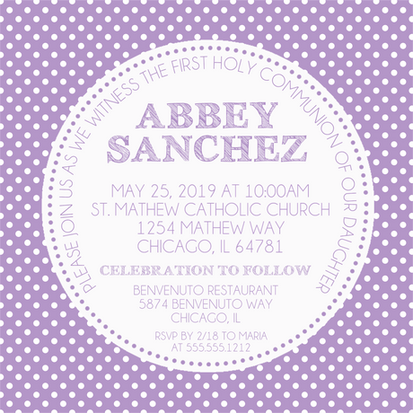 Lavender Polka Dot First Communion Invitations