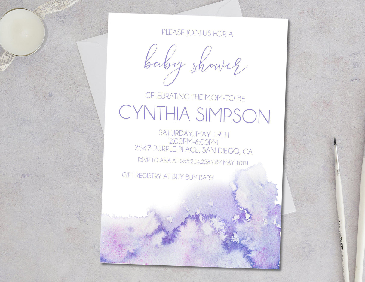 Lavender Watercolor Baby Shower Invitations