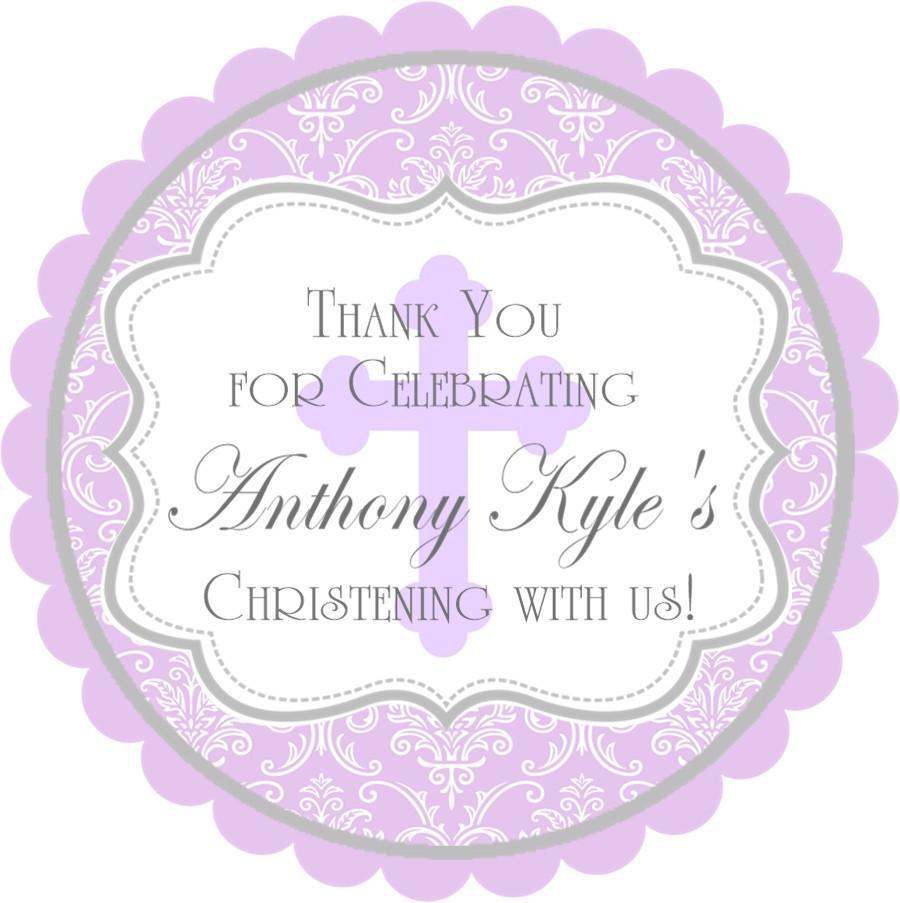 Lavender damask christening sticker with decorative frame