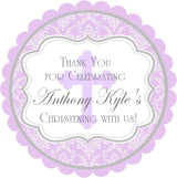 Lavender damask christening sticker with decorative frame