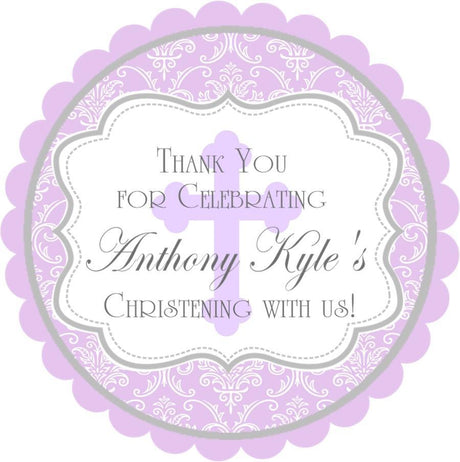 Lavender damask christening sticker with decorative frame