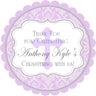 Lavender damask christening sticker with decorative frame