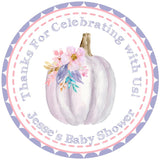 Lavender pumpkin baby shower sticker with soft floral design