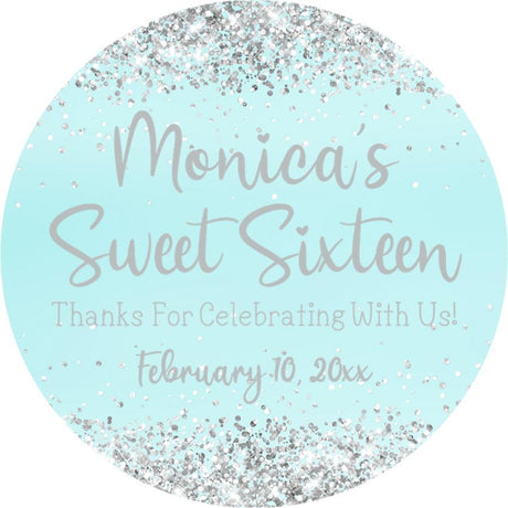 Light turquoise Sweet 16 birthday sticker with printed confetti