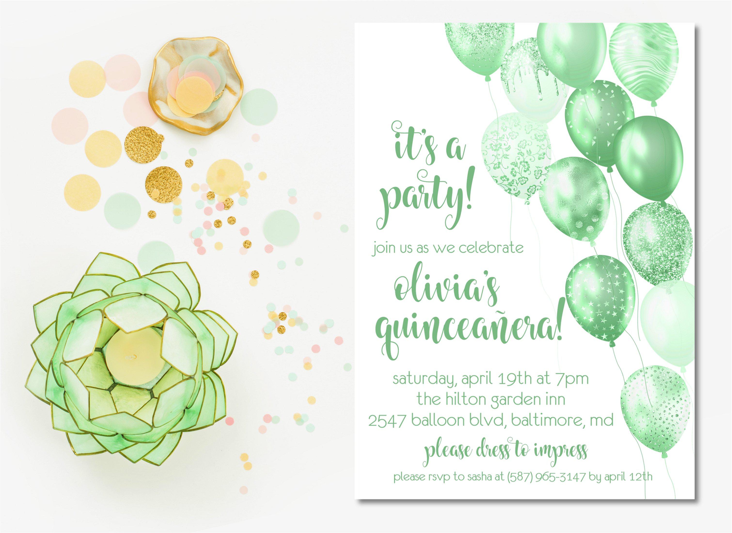 Lime Balloon Quinceanera Invitations