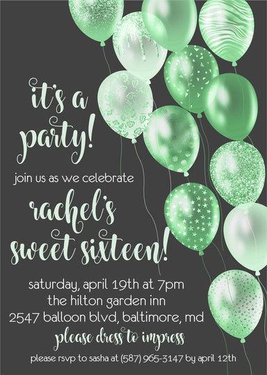 Lime Green And Grey Balloon Sweet 16 Party Invitations