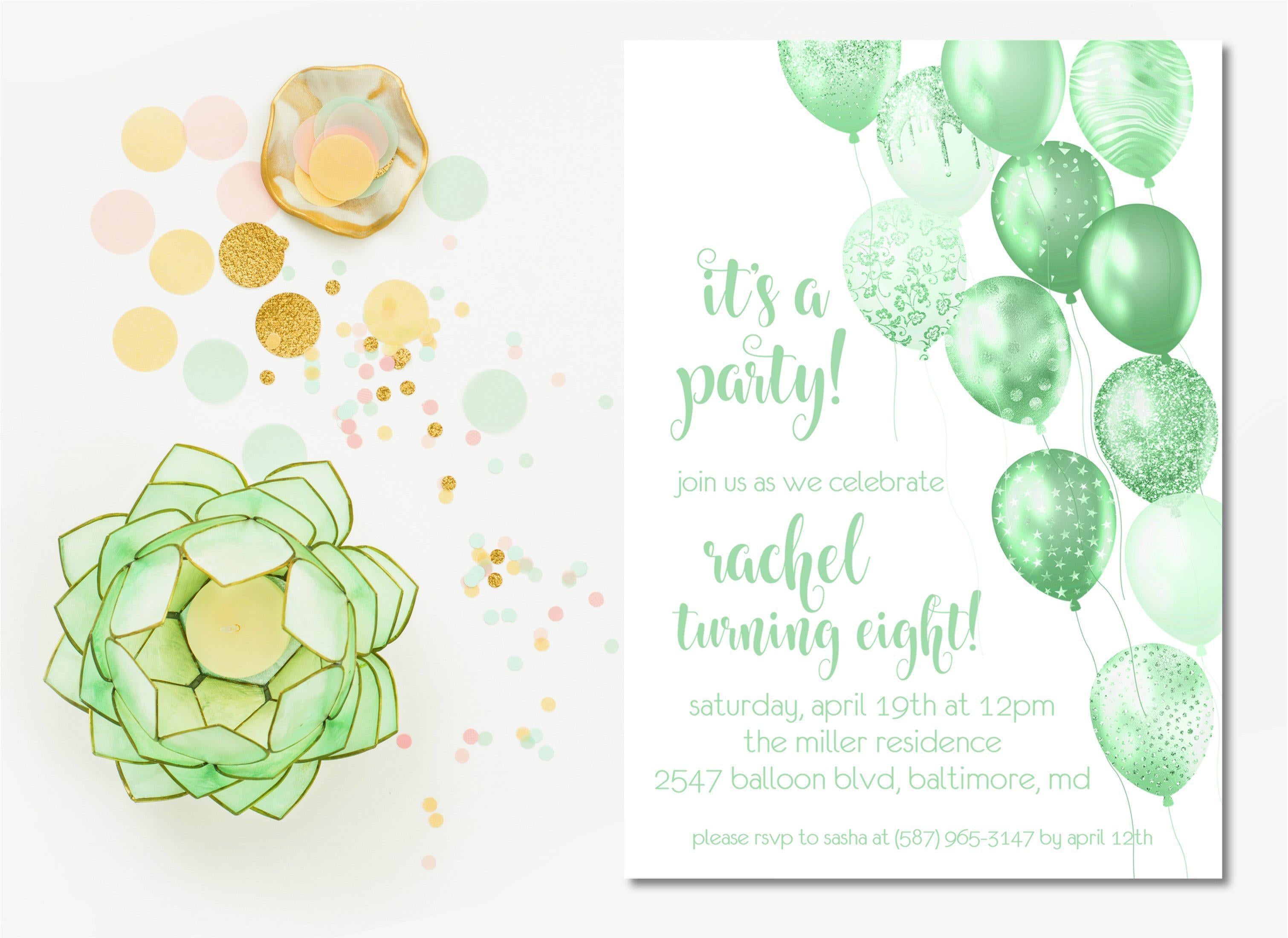 Lime Green Balloon Birthday Party Invitations