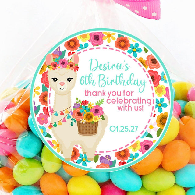 Llama birthday sticker with flower accents and tassels
