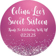 Magenta Sweet 16 birthday sticker with faux sparkle confetti