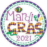 Mardi Gras word art party sticker with beads