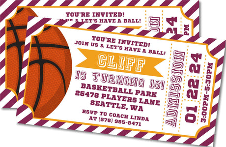 Maroon And Gold Basketball Birthday Party Ticket Invitations
