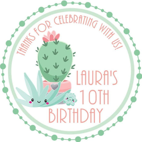 Mint and pink cactus birthday sticker with pastel succulents