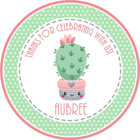Mint polka dot cactus birthday sticker with cute cactus character