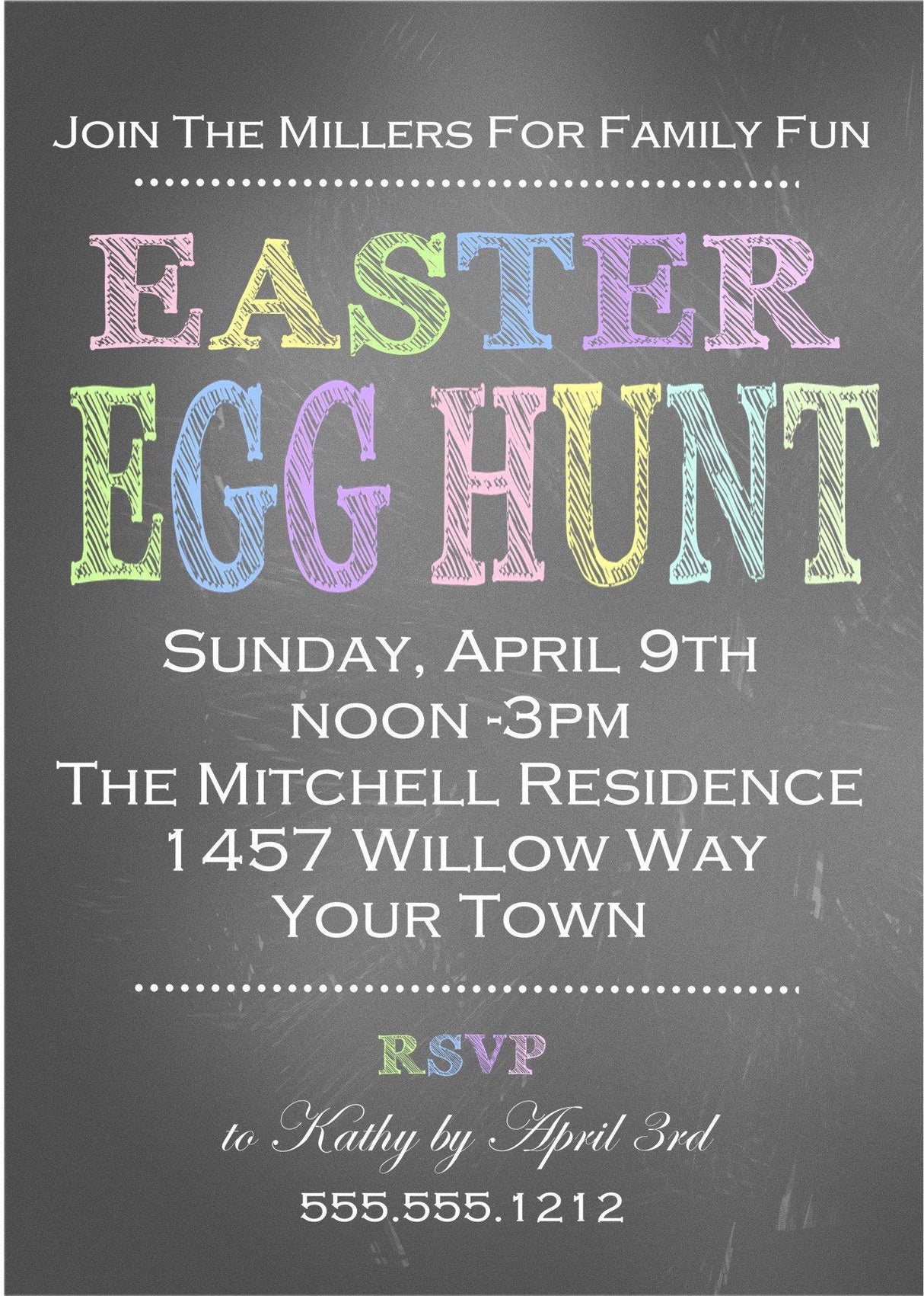 Modern chalkboard Easter party invitation with colorful text