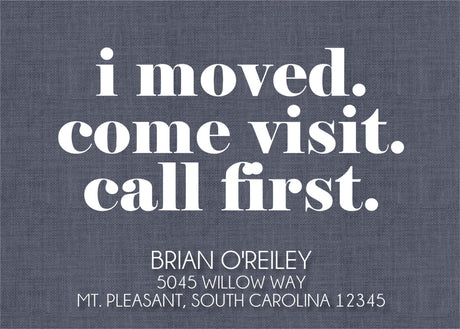 Modern moving announcement card with bold white typography
