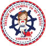 Nautical sailor girl birthday sticker with ship wheel