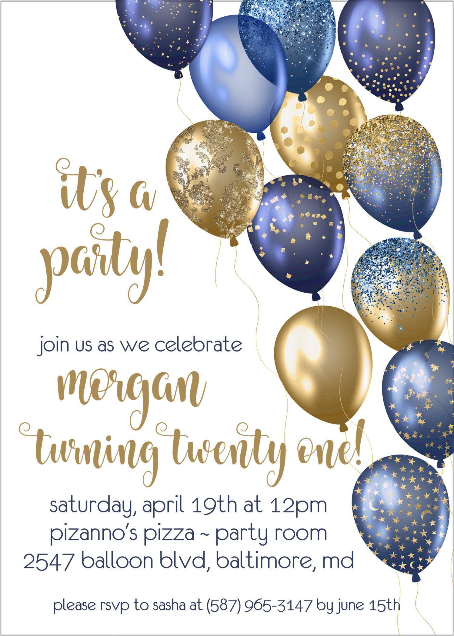 Navy Blue And Gold Balloon Birthday Party Invitations