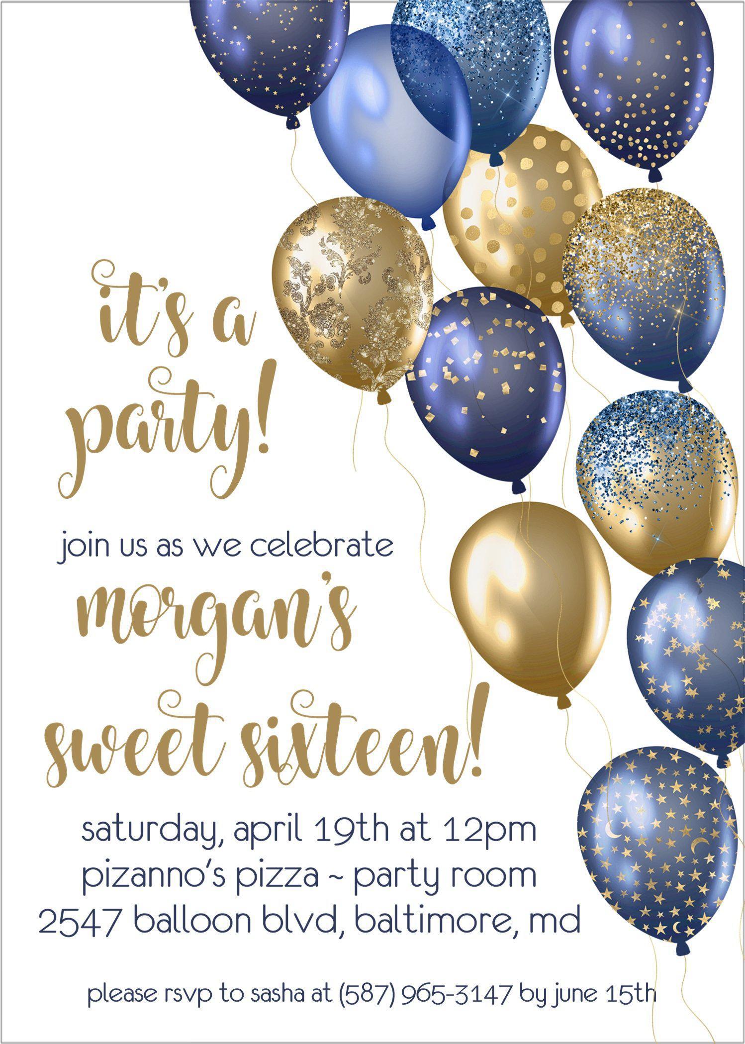 Navy Blue And Gold Balloon Sweet 16 Party Invitations