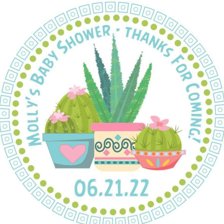 Neutral succulent baby shower thank-you label with decorative cactus pots