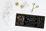 New Year's Eve party invitation featuring holiday themed artwork and ticket style layout