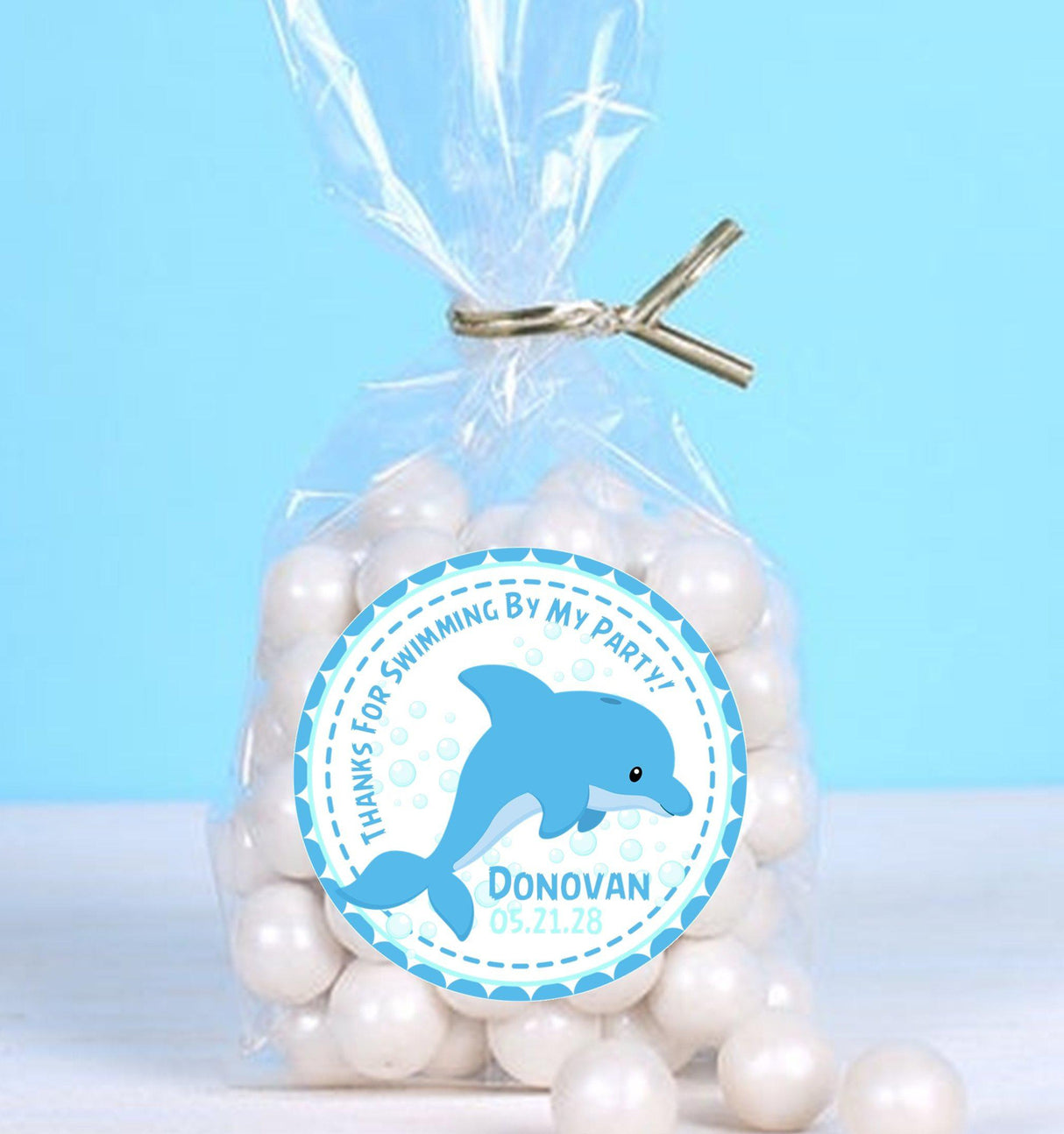 Ocean theme dolphin birthday sticker with bubbles