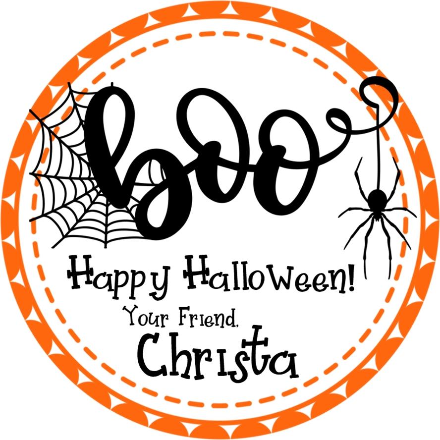 Orange and black BOO Halloween sticker with script lettering