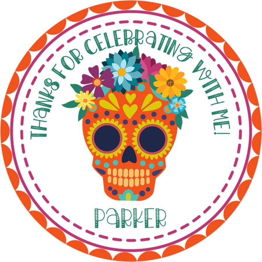 Orange floral sugar skull birthday sticker with personalized name