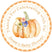 Orange pumpkin baby shower sticker with watercolor flowers and border