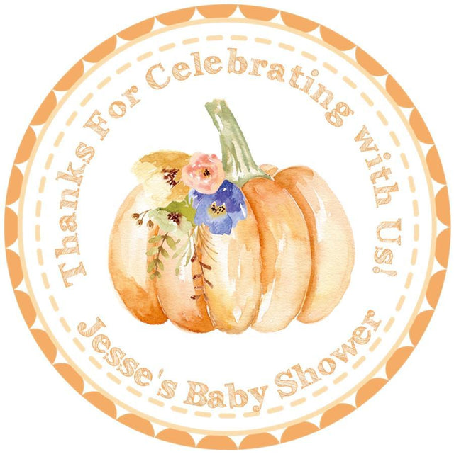 Orange pumpkin baby shower sticker with watercolor flowers and border
