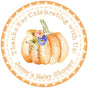Orange pumpkin baby shower sticker with watercolor flowers and border
