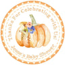 Orange pumpkin baby shower sticker with watercolor flowers and border