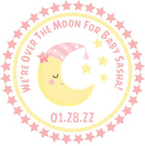 Over the Moon baby shower sticker with pink stars and yellow moon
