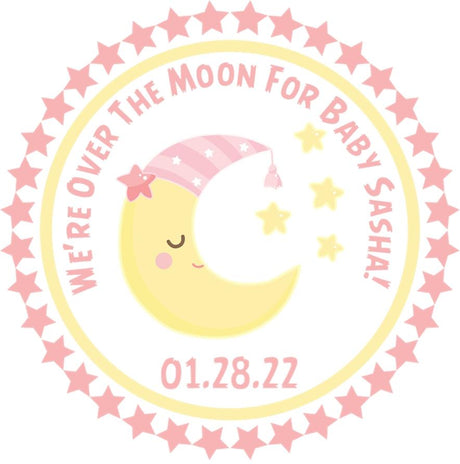 Over the Moon baby shower sticker with pink stars and yellow moon