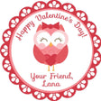 Owl-themed Valentine’s Day label in red and pink