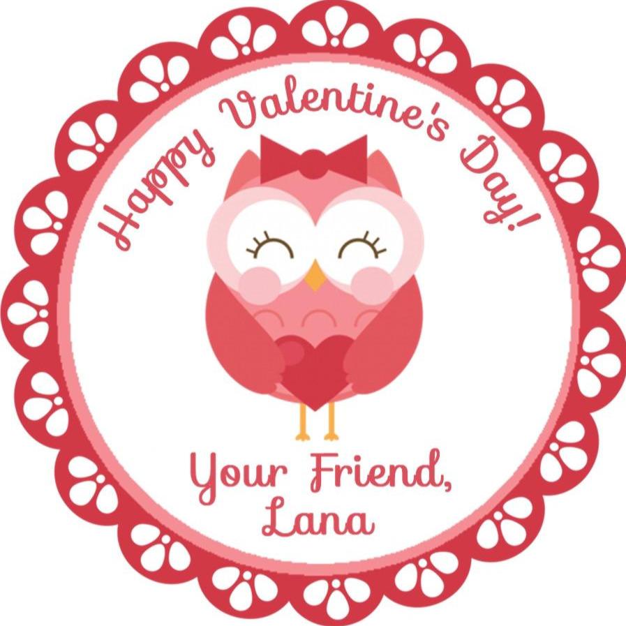 Owl-themed Valentine’s Day label in red and pink