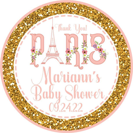 Paris baby shower sticker with Eiffel Tower and floral accents in pink and gold