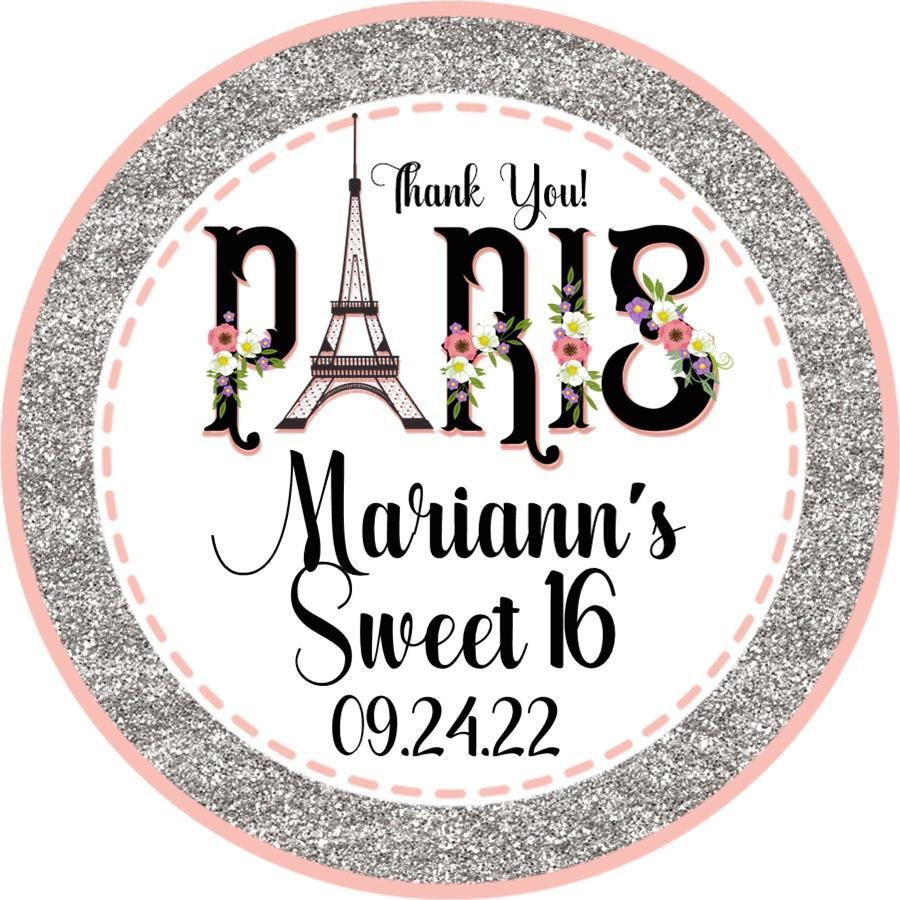 Paris theme favor label in pink and silver for any age celebration