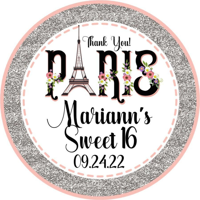 Paris theme favor label in pink and silver for any age celebration