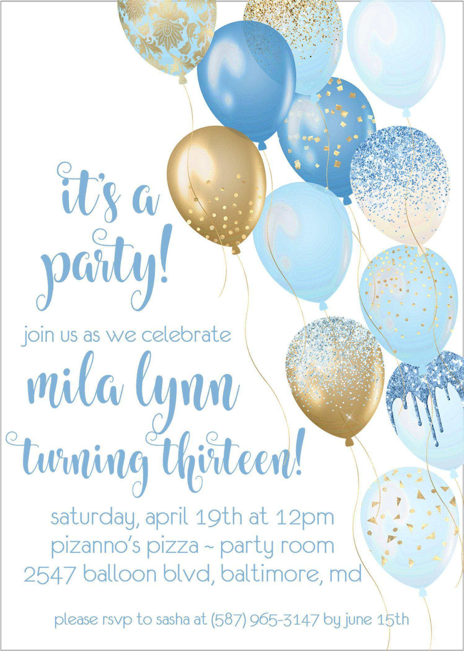 Pastel Blue And Gold Balloon Birthday Party Invitations