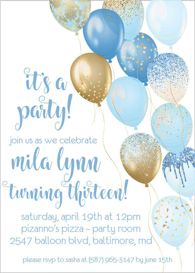 Pastel Blue And Gold Balloon Birthday Party Invitations