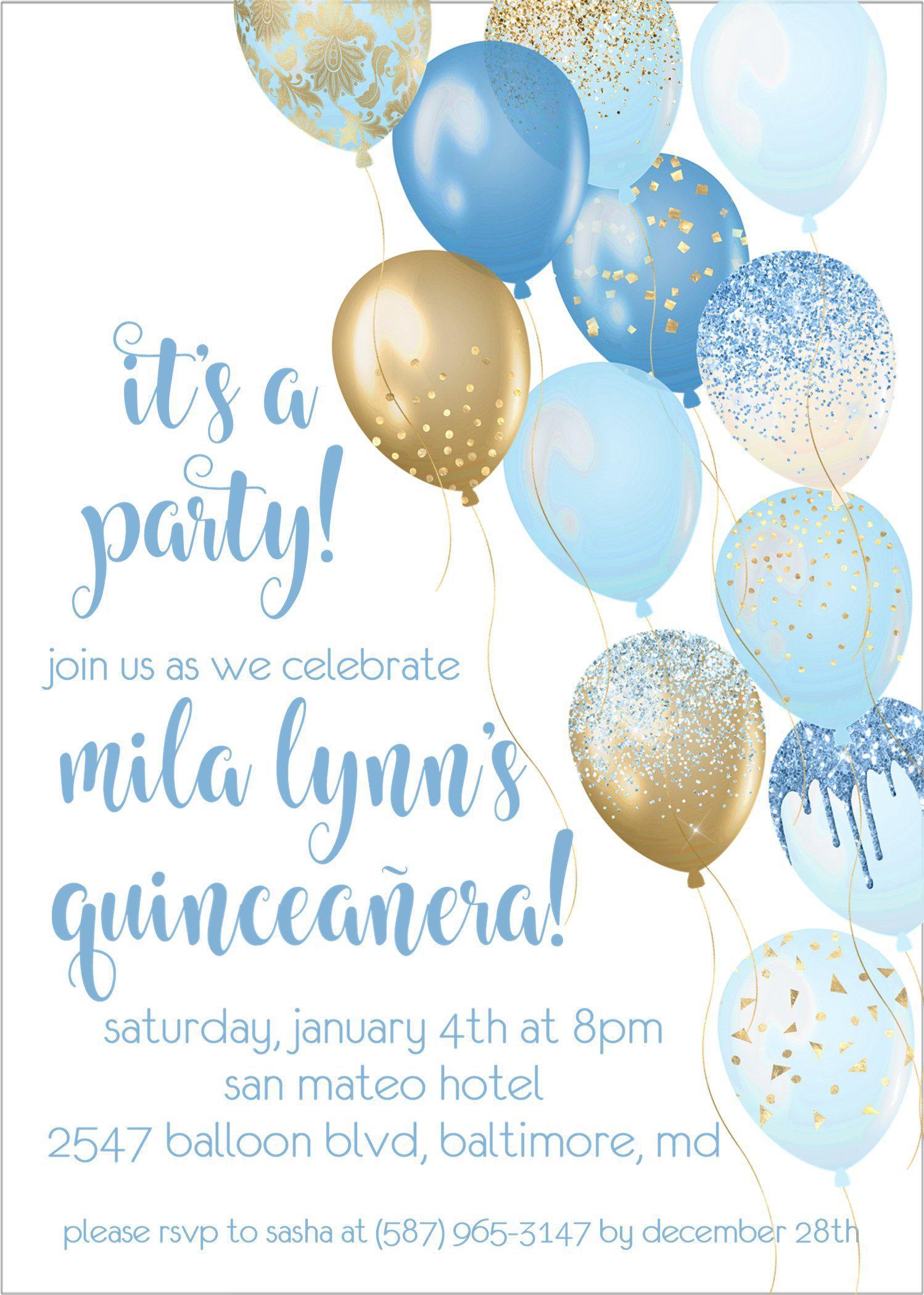 Pastel Blue And Gold Balloon Quinceanera Invitations