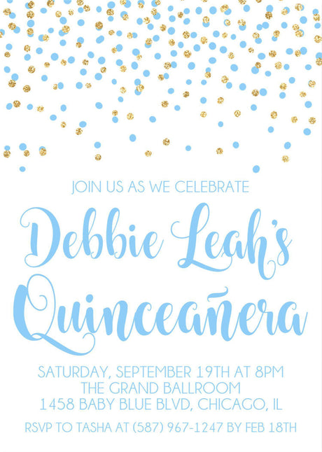 Pastel Blue And Gold Confetti Quinceanera Invitations